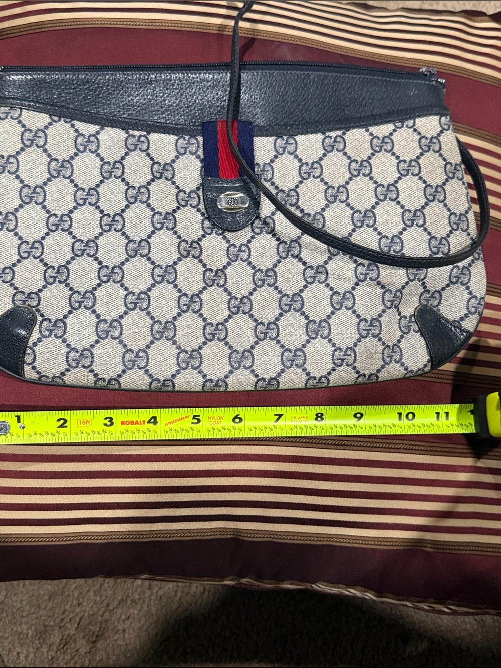 (Vintage 80s) Gucci Blue Monogram Canvas Wristlet with Red-Blue Web Tab